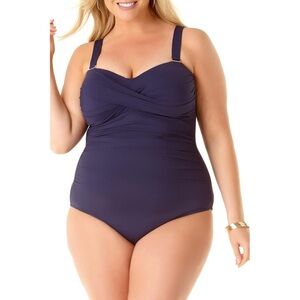 Anne Cole Womens Twist Front Shirred One Piece Swimsuit | Navy, 16W